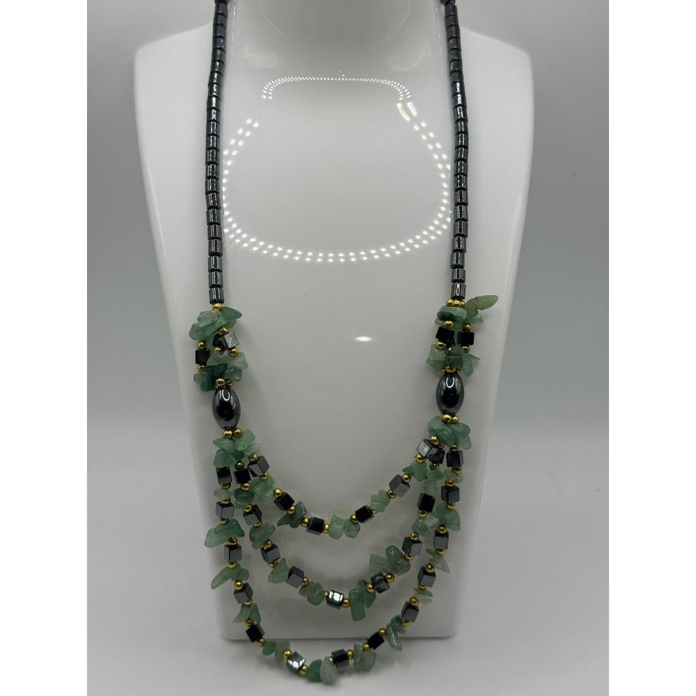 Green Stone Black Hematite Beaded Necklace Triple Strand Gold Tone Accents 16"‎